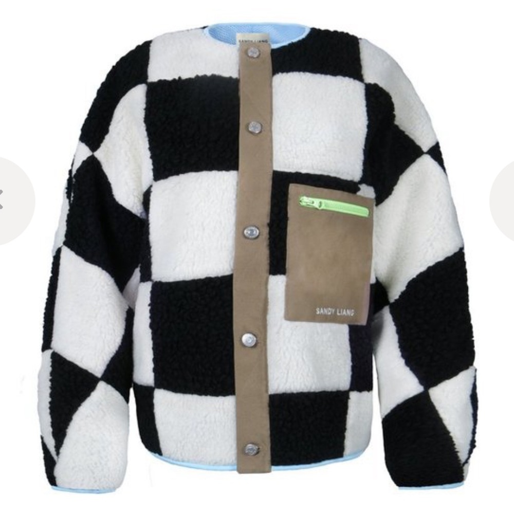 Sandy liang pawn fuzzy teddy fleece checked checkers jacket pockets small